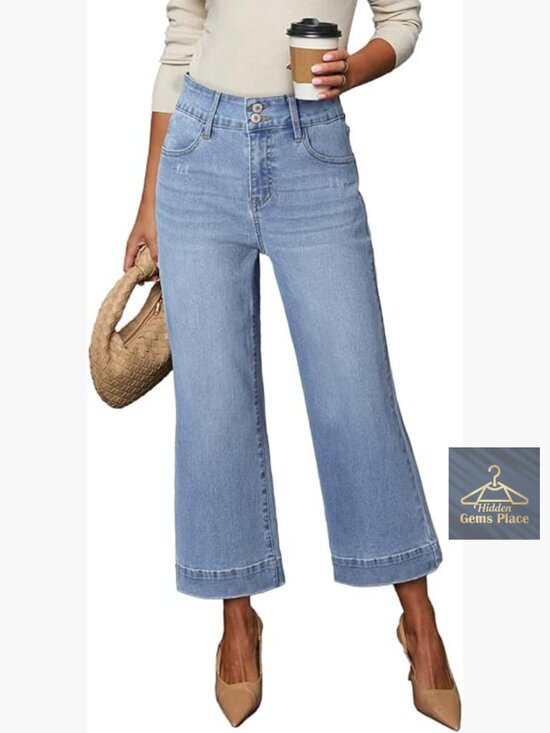 Denim - High Waisted Wide Leg Baggy Jeans Stretch Denim Pants